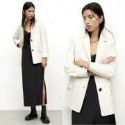 NWT! Allsaints Womans 12 Corinna Lamb LEATHER Blazer 2 Button Jacket Ecru White
