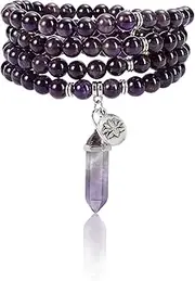 Jovivi 108 Mala Beads Bracelet 8mm Natural Amethyst Rose Quartz Healing Crystal Stone Mala Prayer Bead Necklace Hexagonal Prism Gemstone Reiki Pointed Pendant for Yoga Meditation Energy Balancing