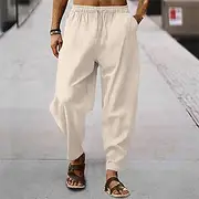 Men's Linen Pants Trousers Summer Pants Harem Pants Pocket Drawstring Elastic Waist Stripe Comfort Breathable Full Length Casual Daily Holiday Fashion Classic