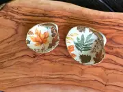 2 Autumn Decoupage Clam Shell Ring Dishes, Oak Leaf Pine Cone Earthtone & Gold