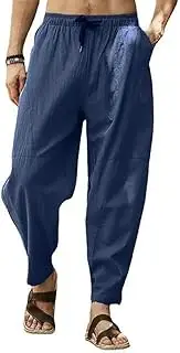 [Beotyshow] Mens Linen Patchwork Drawstring Pants Loose Fit Casual Beach Pants Elastic Waist Lightweight Yoga Lounge Pants