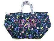 Victorias Secret Black Floral Canvas Tote Bag Zip Double Handles Weekender NWT