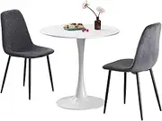 DEJINBU 3-Piece Dining Set 1x White Tulip Round Table & 2 Grey Velvet Upholstered Chairs Space-Saving Kitchen Table Set for Small Spaces Elegant Breakfast Nook Apartment Condo Furniture