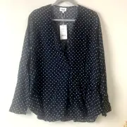 Seed Heritage Top Blouse Women's Size 12 Navy Blue Polka Dot V-Neck Long Sleeve