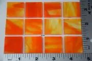 12 - IRIDIZED CLEAR & ORANGE STREAKY 1" x 1" BULLSEYE 3mm THICK GLASS 90 COE