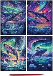 Bsbkoj Scratch Kits, 4 x Rainbow Painting Paper with Pen, 8.27 x 11.22 Inches Fun Sketch Card, Creative Craft Set for Kids, Teens, Adults, Interactive Art Toy