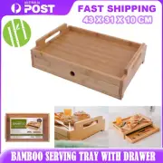 Bamboo Wooden Serving Tray Tea Coffee Lap Tray Table+Drawer Breakfast Food Table