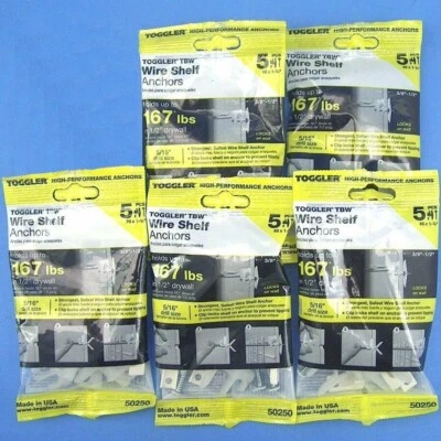 K413G Lot 5x5=25 Toggler TBW Wire Shelf Anchors #8x1.75" Holds 167 Lbs New 50250