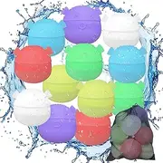 Water Balloons Bombs Reusable Water Balls Set, 12 Pieces Piglet Shape Silicone Splash Balls Water Bombs Self-Closing with Mesh Bag Children Adults for Beach Pool Party Outdoor Games