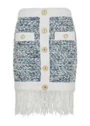 Balmain Embellished Fringed Tweed Mini Skirt - Blue - 36 (UK8 / S) 36 (UK8 / S)