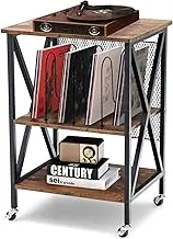 Giantex 3-Tier End Table, Rolling Turntable Stand, Rustic Vinyl Record Storage Holder w/ 3 Dividers for Albums, Record Player Stand Display Shelf w/Steel Frame & Lockable Wheels