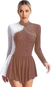 [Fldy] Womens Sparkly Rhinestone Figure Skating Dance Dress Contrast Color Sheer Mesh Patchwork Long Sleeve Mock Neck Dresses