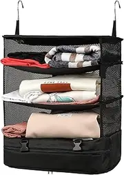 [Fxvhojq] Portable Hanging Travel Shelves Bag, 3-Shelf Suitcase Packing Cubes Organizer with 2 Hooks, Large Capacity Collapsible Closet Storage Bag Space Saver for Wardrobe Suitcase Carry On (A)