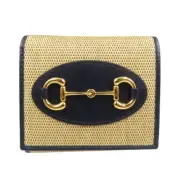 Gucci Horsebit 621891 Canvas Leather Gold Hardware Beige Black Bifold Wallet 049