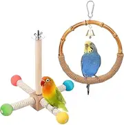 harupink Bird Swing Made of Natural Bamboo Wood, Pack of 2 Bird Cage Accessories Includes Parrot Swing, Parrot Stand, Toy for Birds, for Budgies, Cockatiels and All Birds