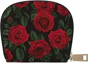 [JEJEA] red Rose Print Credit Card Holder Wallet, Small Card Holder Wallet with Zipper,Leather Card Holder, White, One Size