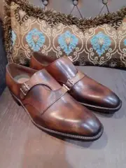 Handmade Men's Brown Cowhide Leather Double Monk Chiseled Toe Dress Shoes