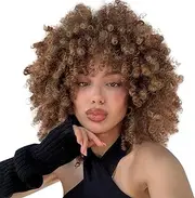 QUEENTAS Afro Wigs for Women Afro Kinky Curly Wig with Bangs No Glueless 70s Disco Synthetic Hair Afro Wig for Halloween(10inch,Brown)