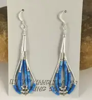 Blue Turquoise Heishi Tube Liquid Sterling Silver Dangle Earrings 2” 8873