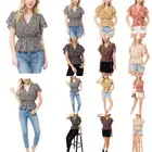 MixMatchy Floral Print Wool Peach Print V-Neck Short Sleeve Shirred Blouse (Made