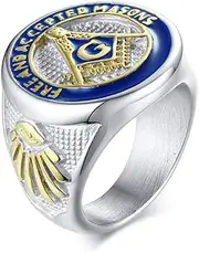 [Generic] Free and Accepted Masons Symbolic Ring Emblematic Signet Design Titanium Steel Blue Enamel Band