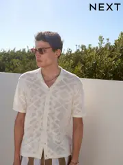 White Relaxed Fit 100% Cotton Short Sleeve Pointelle Knit Shirt with Cuban Collar (AJ8724) | $62