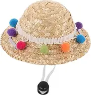 GRIRIW Decorative Woven Pet Hat with Plush Ball Lightweight Summer Accessory for Dogs and Cats for Outdoor Photoshoots and Holiday Celebrations