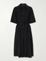 [Joseph] Joseph - Arcade Belted Pleated Crepe Midi Shirt Dress - Black - FR 34 FR 34 Black