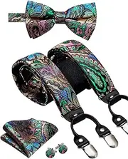 [keusyoi] Mens Jacquard Woven Silk Suspender Braces Bow Tie Hanky Cufflinks Set for Men Adjustable Elastic Suspender for Men
