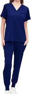 [Frediuo] Female Uniform Scrub Set Work Suits Soft Short Sleeve Nurse Top and Joggers Pants with Multi Pockets Nursing Scrubs Uniform