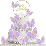 WELANE Butterfly Cupcake Topper, 20 PCS Glitter Butterfly Cake Topper with 1 PCS Happy Birthday Cake Toppers for Cake Decorations (Pink Purple)
