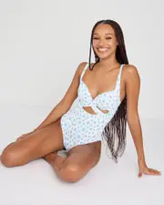 [Kaiami] Kaiami Women's Emily One Piece Bathing Suit in White/Blue Size 12 12 White/Blue