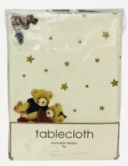 VINTAGE PEGGY WILKINS Square Christmas Teddy Bears Tablecloth Stars 33” -NEW
