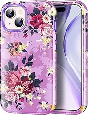 Auouk Compatible for iPhone 15 Case,Colorful Flower Floral Pattern 3 in 1 Shockproof Protection Hard PC Bumper+Soft Silicone Protective Cover Women Girls Case for iPhone 15 6.1"- Flower/Purple