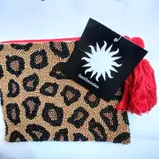 SMITHSONIAN "Save a Species Leopard Beaded Clutch Makeup Bag Zipper Inner Pocket