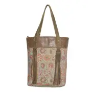 Tote Bag Cotton & Leather Vintage Slide 1 Zip Pocket Double Strap