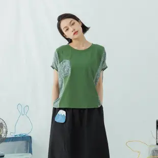 【MOSS CLUB】幾何形狀異材布料剪接-女短袖上衣 幾何 黑 綠(二色/魅力商品/版型適中)