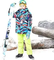 [7HAHA3] Boys Snowboard Ski Jacket Pants Set Youth Triangle Pattern Snowsuit Children Thicken -30°C (-22℉) Warm Coat