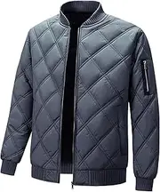 [Qolkmuiy-GJ] Men's Sherpa Lined Flight Bomber Jacket Diamond Quilted Zip Up Down Coat Winter Warm Varsity Jackets Pockets, Grey, 5X-Large