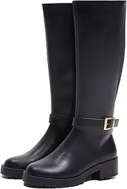 [Stratuxx Kaze] Women's Knee High Boots Wide Calf Side Zipper Low Heel Riding Boots Womens Tall Boots