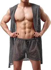 Men Mesh Robes Brand Sexy Men Bathrobe Sleepwear Short Sleeve Bath Robe Sleep Lounge Pajamas Set,Gray,L