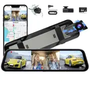 3 Channel Mirror Dash Camera for Cars, 10" Triple Rear View Mirror with Front...