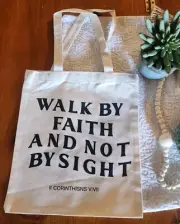 Muslin Cotton Shopping Tote Scripture, Walk By Faith And Not By Sight 13x12" New