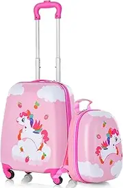 [Costway] 2 PCS Kids Carry On Luggage Set, 13” Backpack & 16”Large Rolling Suitcase w/Spinner Wheels & Cute Pattern, Hard Shell Travel Rolling Luggage with Backpack & Retractable Handle