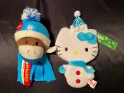 NEW Pet Holiday dog toy lot- Sock Monkey Squeaky Plush & Hello Kitty crinkle toy