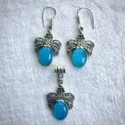 Blue Chalcedony Crystal - Pendant & Earrings Set - Sterling Silver Plated 925