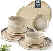 [AmorArc] Ceramic Dinnerware Sets, Handmade Reactive Glaze Stoneware Plates and Bowls Sets,Highly Chip and Crack Resistant | Dishwasher & Microwave Safe Dishes Set, Service for 4 (12pc)