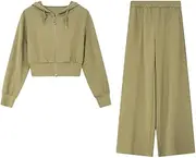 [Generic] Women's Short Casual Solid Color Sportswear Hooded Two-Piece Set Cardigan Sweatshirt Wide Leg Pants Sports Suit