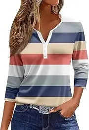 [Valtorixia] 3/4 Length Sleeve Women Henley V Neck Tops Casual Length Button Down Shirt Floral Print Blouses Plus Size Trendy Comfy Tees (color-b-24,Medium)