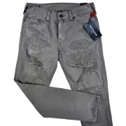 True Religion Geno Relaxed Slim Jeans 33x33 Gray Distressed Embroidered $199 NEW